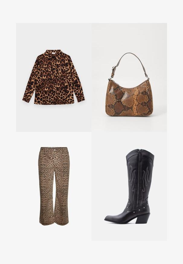 Leopardmønstret skjorte med knaplukning, lange ærmer, to brystlommer og krave. Fremstillet af blødt stof med en varm farvepalet.; Leopardprintede, brede cropped bukser med knap og lynlås foran, lavet af blødt stof.; Sorte cowboystøvler i læder med spids tå, synlige sømme, sølvfarvede nitte-detaljer og lynlås på den indvendige side.; Lille håndtaske med brun og sort slangeskinn mønster, kort justerbar rem og lynlåslukning.
