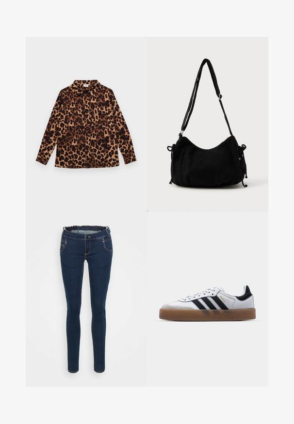Leopardmønstret skjorte med knaplukning, lange ærmer, to brystlommer og krave. Fremstillet af blødt stof med en varm farvepalet.; Mørkeblå denim jeans med slim fit, elastisk talje, forlommer og kontrasterende syninger. Glat overflade med minimal slid.; Hvide lædersneakers med sorte striber, gummirubber sål, rund tå, snørelukning og blød grå ruskinds tåhætte.; Sort kordfløjls skuldertaske med en buet form, justerbar strop og snorelukninger på begge sider til størrelsejustering.