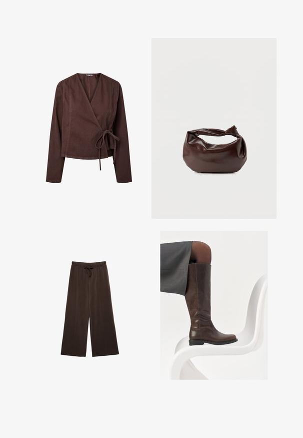 Veste marron style portefeuille à manches longues, fermeture nouée à la taille, en tissu texturé. Présente un col en V profond et un ourlet droit.; Pantalons larges marron avec un waistband à cordon. Fabriqués en tissu doux, avec des coutures verticales à l'avant pour un détail supplémentaire.; Botte en cuir marron à hauteur de genou avec un bout arrondi, texture lisse et détails de couture minimalistes, placée sur un fond clair sur une chaise blanche.; Sac bandoulière en cuir marron foncé avec une forme souple et décontractée et une anse nouée torsadée sur un fond blanc uni.