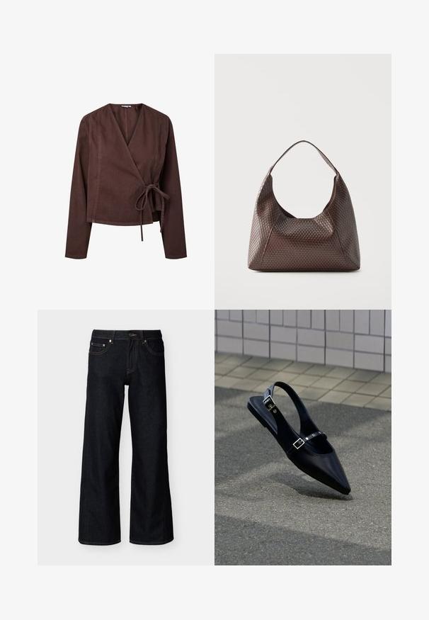 Veste marron style portefeuille à manches longues, fermeture nouée à la taille, en tissu texturé. Présente un col en V profond et un ourlet droit.; Jean denim bleu foncé à jambes larges avec bouton frontal, fermeture éclair et style cinq poches sur fond clair uni.; Mocassin noir à bout pointu et bride arrière, avec double boucle, posé sur un asphalt gris près d'un mur carrelé en arrière-plan.; Sac à épaule en cuir tressé marron avec une seule large bandoulière et un corps souple en forme de croissant.