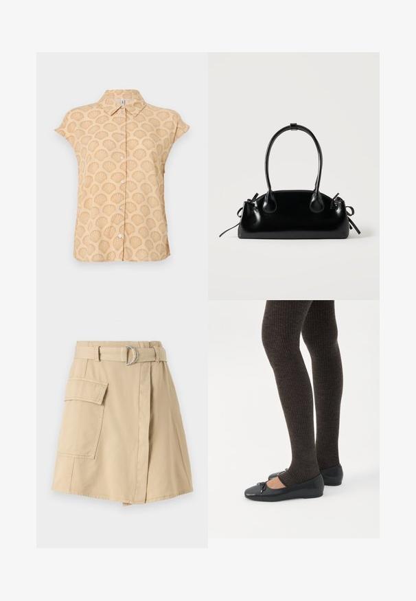Camisa de manga corta en tela beige clara con patrón de conchas en relieve, que presenta un cuello puntiagudo y cierre frontal con botones.; Falda de algodón beige con un bolsillo lateral, cintura con cinturón que presenta un anillo plateado y una ligera forma en A. Textura suave y diseño sencillo.; Piernas con leggings oscuros acanalados combinados con bailarinas negras que presentan pequeños detalles de lazo sobre un fondo blanco.; Pequeño bolso negro brillante con dos asas largas y detalles de cordón lateral sobre un fondo claro liso.