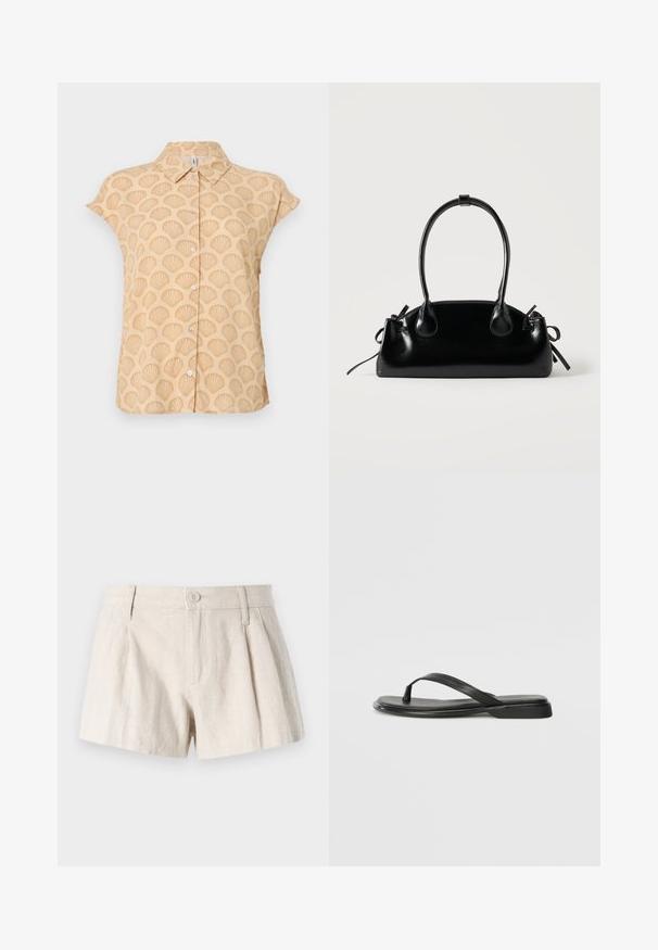 Camisa de manga corta en tela beige clara con patrón de conchas en relieve, que presenta un cuello puntiagudo y cierre frontal con botones.; Pantalones cortos de lino en un color beige claro, con un diseño plisado, cierre frontal de botón y un acabado suave y texturizado.; Chancla negra de piel suave, con un diseño de tira delgada y una suela plana de perfil mínimo. Sin patrones ni acentos notables.; Pequeño bolso negro brillante con dos asas largas y detalles de cordón lateral sobre un fondo claro liso.