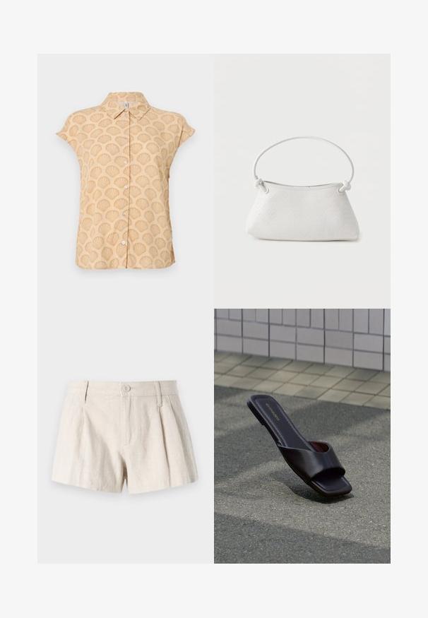 Camisa de manga corta en tela beige clara con patrón de conchas en relieve, que presenta un cuello puntiagudo y cierre frontal con botones.; Pantalones cortos de lino en un color beige claro, con un diseño plisado, cierre frontal de botón y un acabado suave y texturizado.; Sandalia tipo slide de cuero marrón oscuro con punta cuadrada y tiras anchas, descansando sobre asfalto gris cerca de una acera adoquinada.; Bolso de mano de cuero blanco tejido con asa redondeada y extremos de la correa anudados, exhibido sobre un fondo liso.