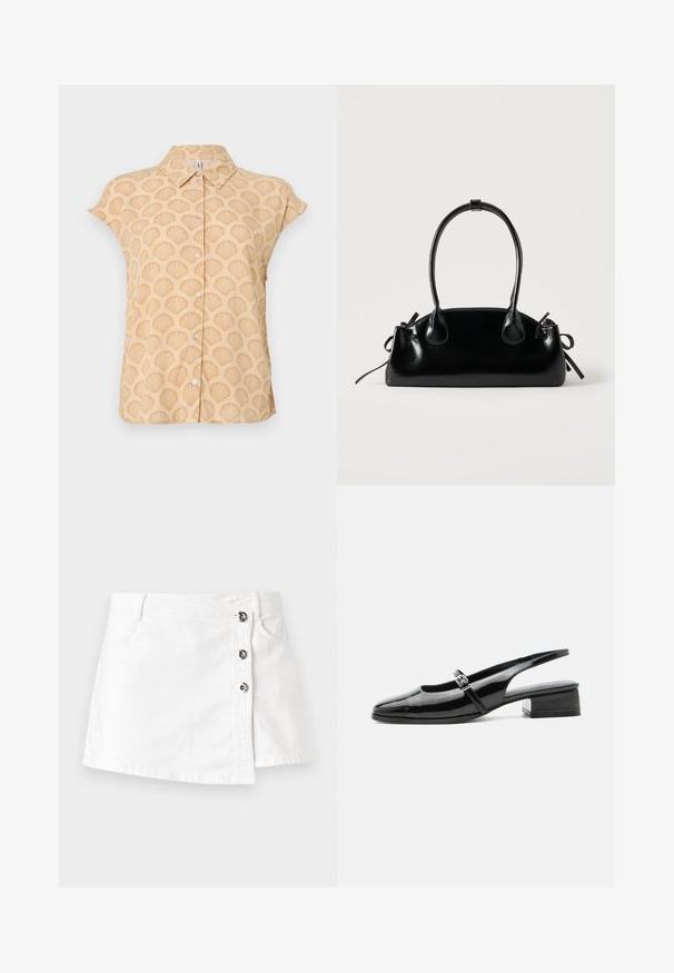 Camisa de manga corta en tela beige clara con patrón de conchas en relieve, que presenta un cuello puntiagudo y cierre frontal con botones.; Mini falda de mezclilla blanca con corte recto, que presenta un cierre lateral con cuatro botones metálicos y un sutil dobladillo enrollado.; Zapato slingback de charol negro con tacón bajo y grueso y una fina correa con hebilla de plata en la parte superior.; Pequeño bolso negro brillante con dos asas largas y detalles de cordón lateral sobre un fondo claro liso.
