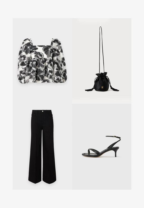 Schwarze und weiße Blumenbluse mit puffärmeln, quadratischem Ausschnitt, strukturiertem Stoff und Metallfadenakzenten, die ein geschichtetes Erscheinungsbild schaffen.; Schwarze weit geschnittene Jeans aus strapazierfähigem Material, mit hoher Taille, Fronttaschen und einem Knopfverschluss vorne. Flacher Saum am Boden.; Schwarze Ledersandale für Damen mit dünnen Riemchen, einer Zehenlasche, einer Knöchelschnalle und einem mittelhohen Stöckelabsatz vor neutralem Hintergrund.; Schwarze Bucket Bag mit Kordelzug, langem dünnem Riemen und kleinem goldenem quadratischem Logo vorne, vor einfachem Hintergrund präsentiert.