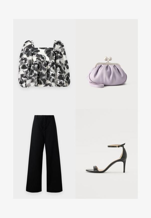 Blouse florale noir et blanc avec des manches bouffantes, un décolleté carré, un tissu texturé et des accents en fil métallique, créant une apparence superposée.; Pantalons larges noirs en coton, dotés d'une taille haute, de poches avant et d'un design épuré et simple avec des détails de couture minimaux.; Sandale à talons hauts en cuir noir avec une lanière de cheville. Présente une texture lisse, un bout ouvert et un talon fin. Détail de boucle en ton doré.; Pochette lavande douce avec tissu froncé, fermoir kiss-lock argenté et bracelet assorti sur un fond clair uni.