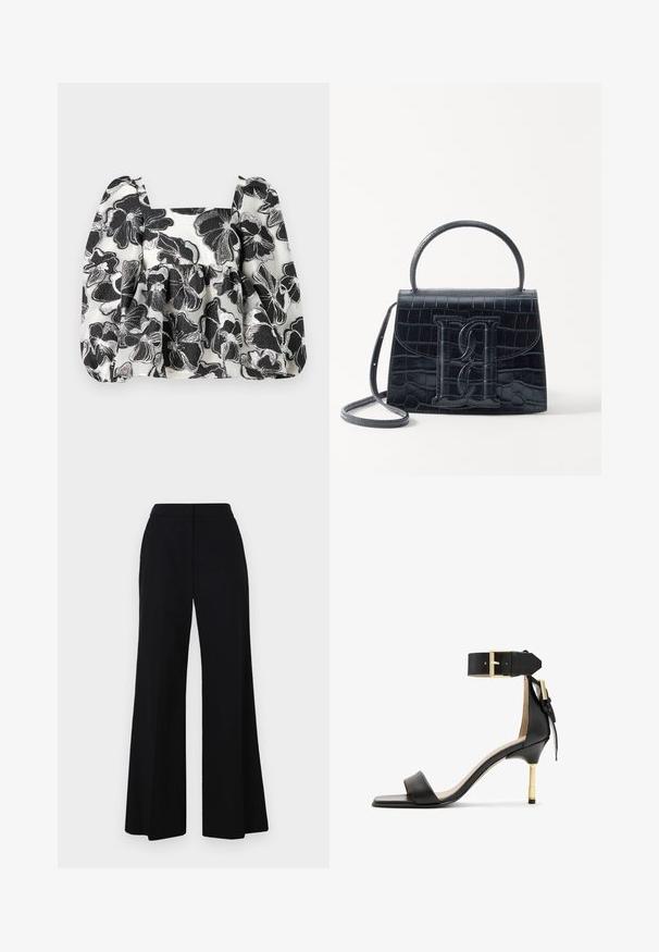 Schwarze und weiße Blumenbluse mit puffärmeln, quadratischem Ausschnitt, strukturiertem Stoff und Metallfadenakzenten, die ein geschichtetes Erscheinungsbild schaffen.; Schwarze weit geschnittene Hose mit hohem Bund, glattem Stoff und klaren Linien. Keine sichtbaren Beschläge oder Muster.; Schwarze Leder-Absatzsandale mit quadrater Zehenform, Fesselriemen mit einer goldenen Schnalle und einem schlanken, metallischen Absatz. Glatte Textur, minimalistisches Design.; Schwarze Handtasche aus Krokodilprägung mit strukturiertem Design, Oberhandgriff, verstellbarem Tragegurt und einem auffälligen Logo-Detail auf der Vorderseite.