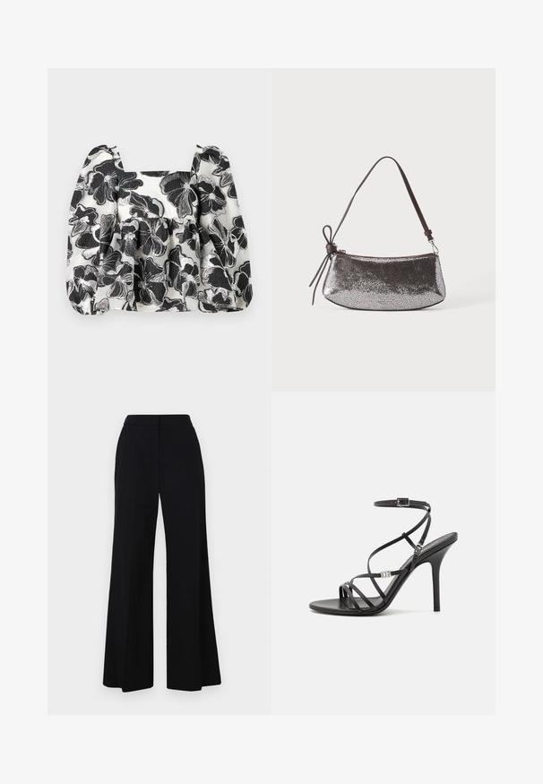 Blouse florale noir et blanc avec des manches bouffantes, un décolleté carré, un tissu texturé et des accents en fil métallique, créant une apparence superposée.; Pantalon large noir avec une taille haute, tissu lisse et lignes épurées. Pas de matériel visible ni de motifs.; Sandale noire à talons hauts avec des brides fines, une boucle à la cheville, une surface en cuir lisse et un talon aiguille élancé.; Petit sac à main argenté métallique avec une surface texturée, une courte sangle marron foncé et un nœud décoratif noué d'un côté.