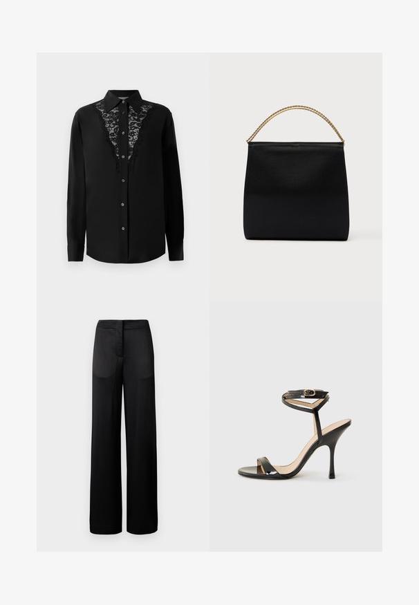 Camisa negra de manga larga con botones y paneles de encaje en la parte delantera, y cuello tipo punta.; Pantalones negros de pierna ancha con una superficie texturada, que cuentan con una cintura plana y dos bolsillos laterales. La tela parece ligera y fluida.; Sandalia de tacón alto de charol negro con tira delgada en el tobillo y hebilla, punta abierta y tacón aguja esbelto sobre fondo blanco.; Bolso negro de tela suave, con forma estructurada, asa de cadena dorada y diseño geométrico minimalista.