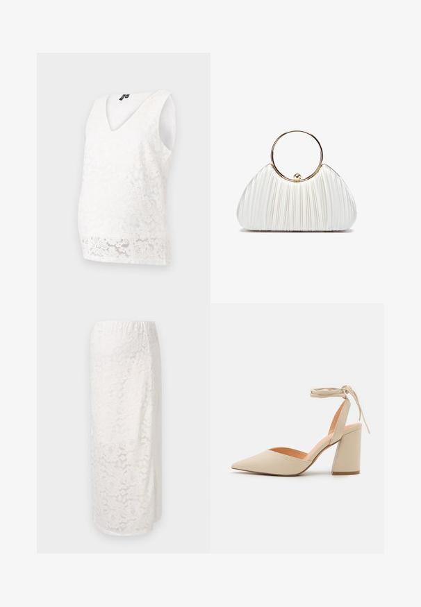Top de maternidad blanco de encaje con escote en V, sin mangas, patrones florales y una forma ajustada que realza la silueta.; Falda de encaje blanco con patrón floral, diseño hasta la rodilla, cinturilla elástica y textura suave. Presenta un acabado semitranslúcido.; Zapato de tacón alto beige con punta afilada, tira de tobillo y tacón ancho. Material sintético suave con un acabado mate.; Bolso de mano blanco plisado con un asa circular dorada, que presenta un tejido suave y una forma redondeada. Diseño elegante con un acabado texturizado.