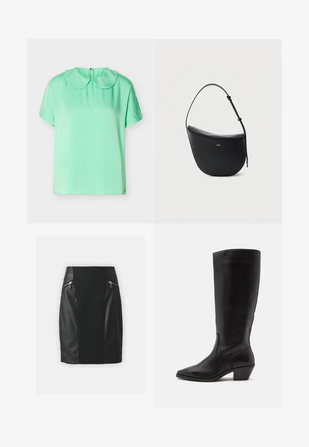 Blouse à manches courtes vert menthe avec col rond Peter Pan et fermeture à boutons au dos, présentée sur un fond blanc.; Jupe noire composée d'un mélange de cuir et de tissu. Elle possède deux poches zippées sur les côtés, un design ajusté et une coupe droite.; Botte en cuir noire mi-mollet avec un bout pointu et un talon bas incliné sur un fond clair uni.; Sac à bandoulière en cuir noir en forme de demi-lune avec une bandoulière réglable et le logo doré « BOSS » centré sur le devant.
