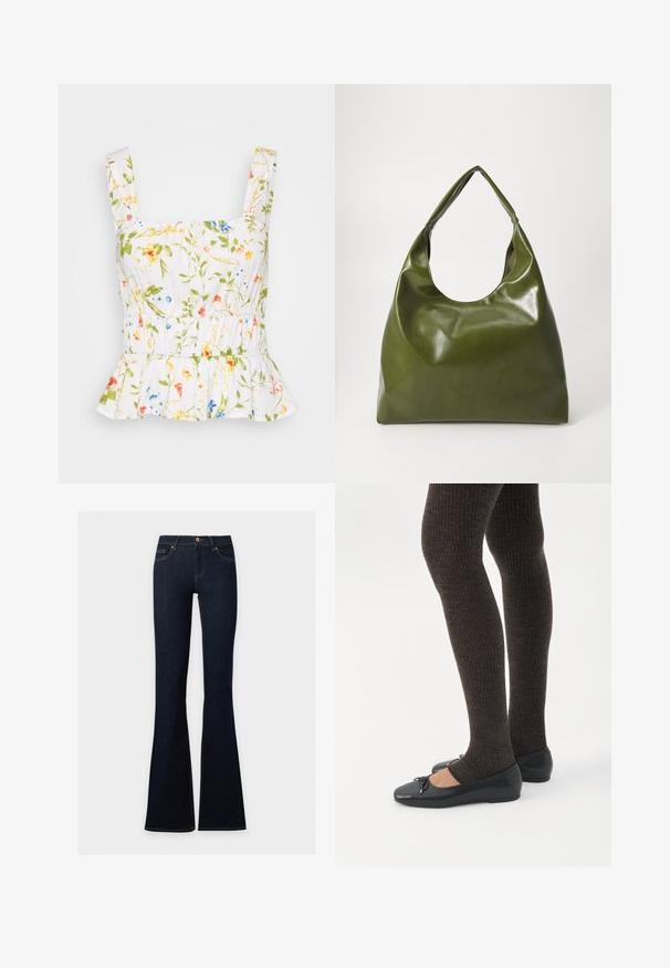 Haut floral blanc avec des motifs verts, bleus et roses. Présente des bretelles larges, une taille élastique et un volant en peplum à l'ourlet. Tissu léger.; Jean en denim bleu foncé à taille haute, ajusté sur les hanches et les cuisses, évasé en bas.; Jambes portant des leggings côtelés foncés associés à des ballerines noires avec de petits détails en nœud sur fond blanc.; Sac hobo en cuir vert au design décontracté, avec une poignée incurvée et une texture lisse. Ne contient aucun matériel ou accent visible.