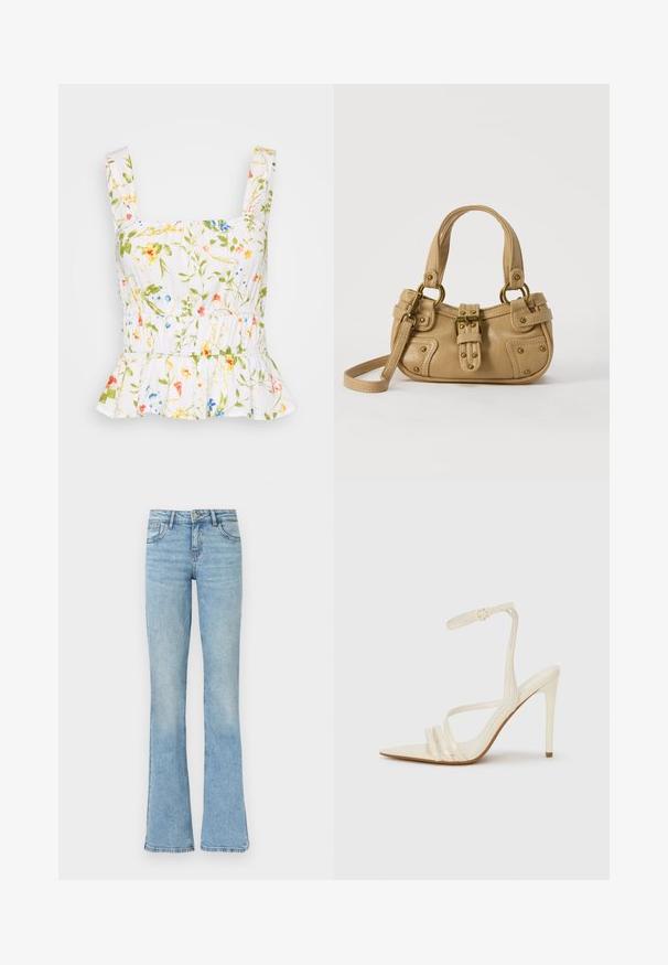 Haut floral blanc avec des motifs verts, bleus et roses. Présente des bretelles larges, une taille élastique et un volant en peplum à l'ourlet. Tissu léger.; Jean en denim bleu clair avec une taille haute et des jambes évasées, doté de poches avant, passants pour ceinture et fermeture par bouton.; Sandales à talons hauts beiges avec un bout pointu, comportant trois brides à l'avant et une fine bride à la cheville avec une boucle. Texture lisse, design minimaliste.; Sac à main en cuir beige avec double poignées, boucle en laiton et détails rivetés, ainsi qu'une bandoulière réglable sur fond blanc.