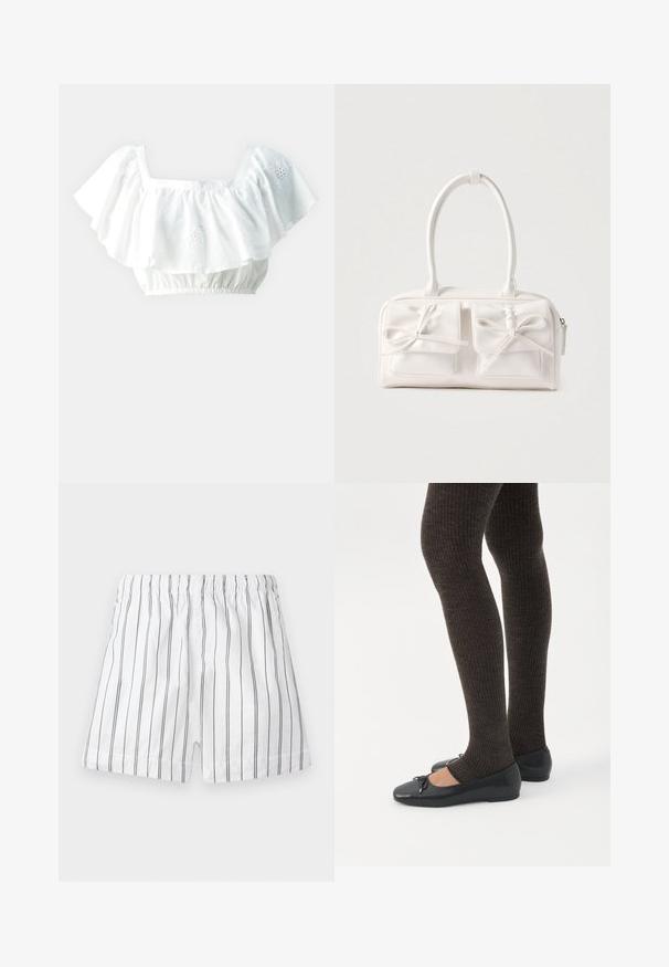 Blusa blanca corta con mangas rizadas, escote cuadrado y dobladillo elástico. Presenta sutiles detalles florales bordados.; Pantalones cortos blancos con finas rayas verticales grises, una cinturilla elástica y un ajuste cómodo. Fabricados con tejido ligero para una mayor transpirabilidad.; Piernas con leggings oscuros acanalados combinados con bailarinas negras que presentan pequeños detalles de lazo sobre un fondo blanco.; Bolso sintético blanco con dos bolsillos delanteros, cada uno con un detalle de lazo atado. Textura suave, asas redondeadas y cierre de cremallera.