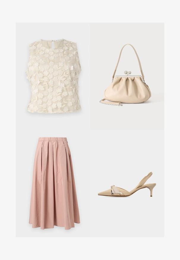 Haut sans manches crème avec broderie florale, présentant un col rond et un dos en œillet. Tissu transparent avec des détails délicats et une texture.; Jupe plissée rose clair avec une taille élastique, présentant une texture de tissu douce et un design fluide s'étendant jusqu'à mi-mollet.; Chaussure beige à bouts pointus avec bride arrière, talon kitten bas et fin, et nœud décoratif sur la tige.; Sac à main en cuir souple beige avec un fermoir en métal argenté, une bandoulière simple et une bandoulière chaîne optionnelle sur fond blanc.