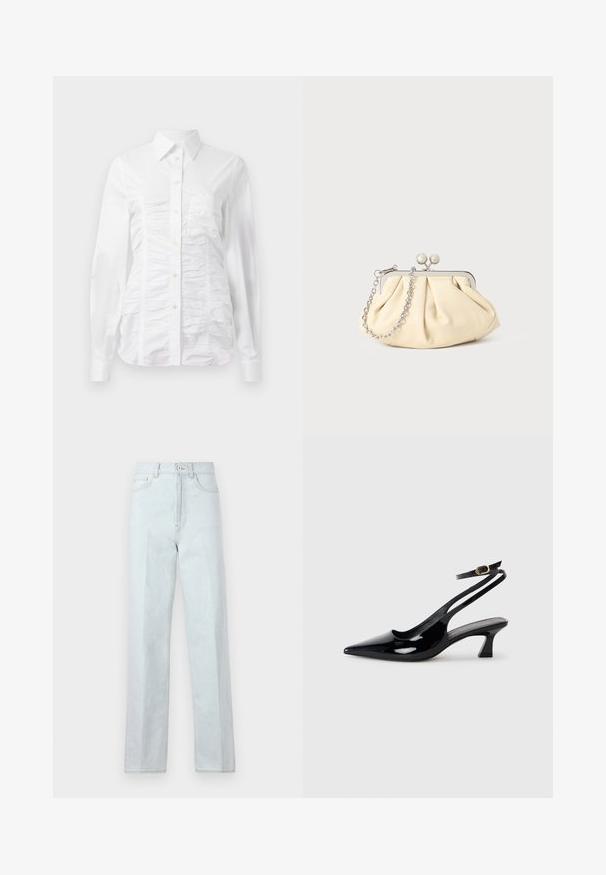 Chemise blanche à manches longues avec un texture froncée sur le devant, petits boutons dorés et col standard.; Jean large en denim bleu clair avec taille haute, présentant une fermeture éclair à l'avant, un bouton, et un design classique à cinq poches.; Escarpins à brides arrière en cuir verni noir, à bout pointu, avec un petit talon carré et une sangle de cheville ajustable dotée d'une boucle dorée.; Pochette en cuir beige plissé avec un cadre en métal argenté, dotée de deux fermoirs ronds décoratifs et d'une chaîne en argent.