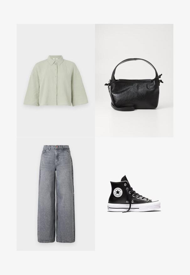 Lys grøn, kortærmet skjorte med knapper lavet af struktureret stof, som har en spids krave og en løs pasform med en lige kant.; Bredde ben denim jeans i en falmet grå vask, med fem lommer, en knaplukning og en blød tekstur med subtile fældningsdetaljer.; Sort højtliggende Converse Chuck Taylor All Star sneaker med hvid gummisål og logo-patch på anklen, vist på en hvid baggrund.; Sort læderhåndtaske med et struktureret design, rund tophåndtag og aftagelig skulderrem. Den har en glat tekstur og en subtil glans.