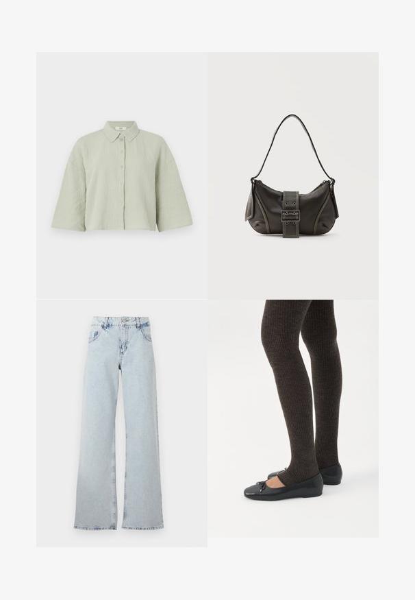 Lys grøn, kortærmet skjorte med knapper lavet af struktureret stof, som har en spids krave og en løs pasform med en lige kant.; Lyseblå bred ben jeans lavet af denim, med høj talje, bælteholdere, fem lommer og slidte områder for et vintage udseende.; Ben iført mørke ribbede leggings kombineret med sorte balletsko med små sløjfedetaljer på hvid baggrund.; Sort læder skuldertaske med spænde på remmen, afrundede kanter og kontrasterende hvide syninger på en ensfarvet baggrund.