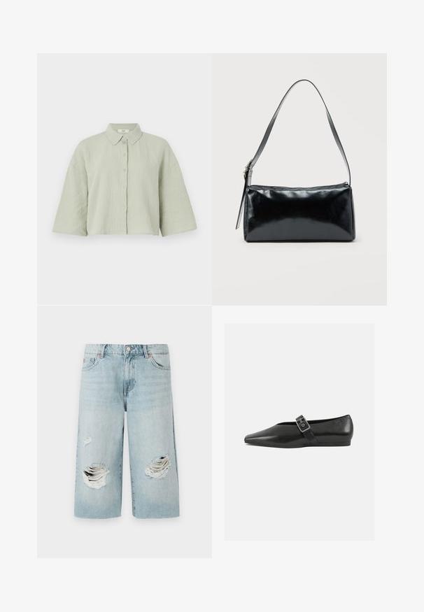 Lys grøn, kortærmet skjorte med knapper lavet af struktureret stof, som har en spids krave og en løs pasform med en lige kant.; Lyseblå denimshorts med løs pasform, der har to store slidte huller foran. Fem lommer og en synlig metalknaplukning.; Sorte læder flade sko med spidse tæer, prydet med en metallisk spænde over vristen og en lav, fleksibel sål.; Sort rektangulær skuldertaske med en enkelt justerbar rem og lynlås i toppen på en ensfarvet baggrund.