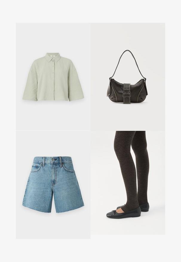 Lys grøn, kortærmet skjorte med knapper lavet af struktureret stof, som har en spids krave og en løs pasform med en lige kant.; Denim shorts i lys blå, med høj talje, fem lommer og rå kant. Fremstillet af tekstureret bomuldsstof med et klassisk design.; Ben iført mørke ribbede leggings kombineret med sorte balletsko med små sløjfedetaljer på hvid baggrund.; Sort læder skuldertaske med spænde på remmen, afrundede kanter og kontrasterende hvide syninger på en ensfarvet baggrund.