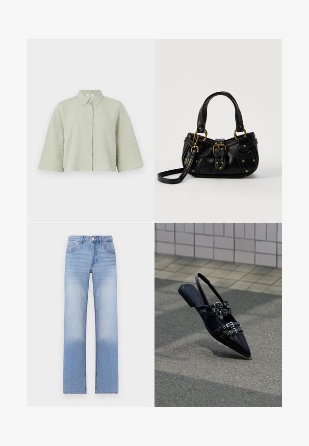 Lichtgroen, kortärms, button-up shirt van gestructureerde stof, met een puntige kraag en een losse pasvorm met een rechte zoom.; Lichtblauwe denim jeans met een rechte pijpdesign, kenmerkend door een vervaagde was aan de onderste helft en klassieke vijf-pocketstyling.; Zwarte sandaal met platte zool en spitse neus, voorzien van meerdere gespsluitingen en een slingback, geplaatst boven een verhard oppervlak en een tegelmuur op de achtergrond.; Zwarte leren handtas met gouden gesp en klinknagel details, korte handvatten en een verstelbare schouderriem op een effen witte achtergrond.