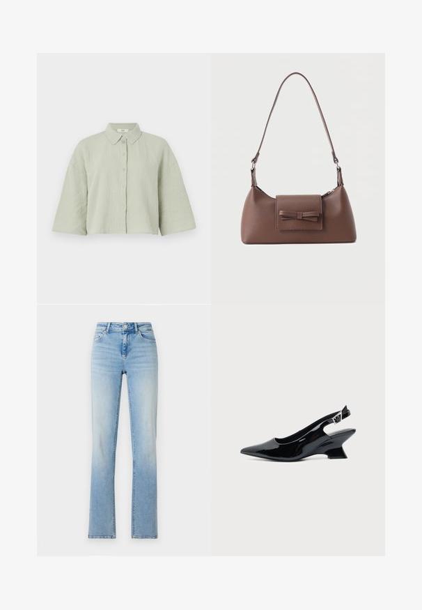 Lys grøn, kortærmet skjorte med knapper lavet af struktureret stof, som har en spids krave og en løs pasform med en lige kant.; Lyseblå denimjeans med høj talje, lige ben og subtilt slid. Har fem lommer og bæltestropper.; Sort laklæder slingback sko med spids tå og lav vinklet blokhæl på ensartet lys baggrund.; Brun skuldertaske i læder med en frontlomme med klap, der har en sydd sløjfedetalje, og en justerbar rem.