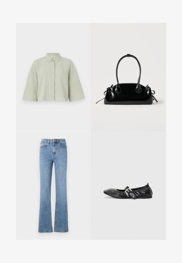 Lys grøn, kortærmet skjorte med knapper lavet af struktureret stof, som har en spids krave og en løs pasform med en lige kant.; Lys blå denimjeans med en flared benedesign, høj talje og minimal hardware. Har klassisk fem-lomme stil og diskret syning.; Sorte læder flade sko med spids tå, samling detaljer omkring åbningen, og en sølv spænde accent på den justerbare rem.; Lille sort blank håndtaske med to lange håndtag og snøre-detaljer i siden på en ensfarvet lys baggrund.