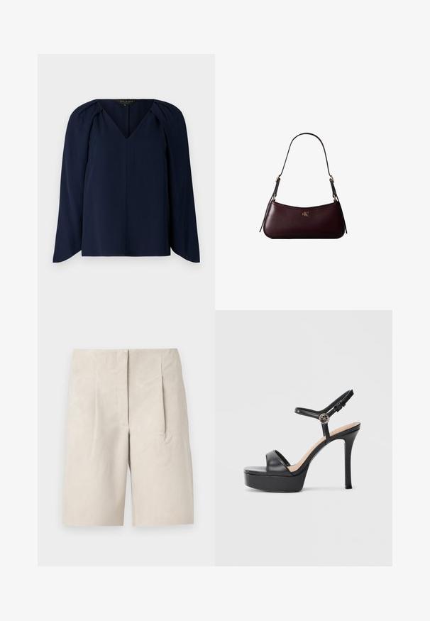Blouse bleu marine à manches longues avec un décolleté en V, présentant de légères plissures aux épaules et une texture lisse et douce. Design simple et élégant.; Shorts en suède beige avec une coupe décontractée, présentant deux plis à l'avant et un design de taille épuré. Texture lisse, longueur mi-cuisse.; Sandales à plateforme noires avec un talon haut stilettos, dotées d'une tige en cuir lisse, d'un bout ouvert et d'une bride de cheville ajustable avec ferrures.; Sac à main en cuir bordeaux foncé avec une fine sangle d'épaule noire et un petit logo doré "cK" au centre devant.