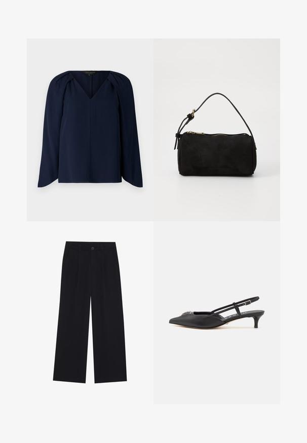 Blusa de manga larga azul marino con escote en V, que presenta sutiles pliegues en los hombros y una textura suave y lisa. Diseño simple y elegante.; Pantalones de pierna ancha negros confeccionados en una tela suave. Presentan pliegues delanteros, un cierre de botón y bolsillos laterales. Diseño liso sin patrones.; Zapatos slingback negros con punta afilada, hechos de material suave, con un pequeño tacón y un acento decorativo plateado en el empeine.; Bolso de ante negro con forma redondeada, cierre superior con cremallera, asa corta y un acento decorativo de borla. Textura suave con hardware mínimo.