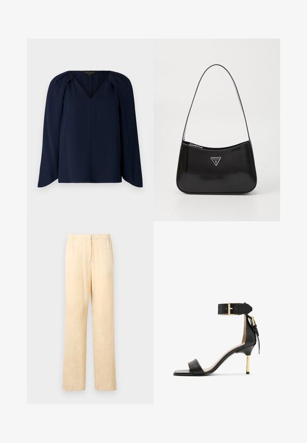 Blouse bleu marine à manches longues avec un décolleté en V, présentant de légères plissures aux épaules et une texture lisse et douce. Design simple et élégant.; Pantalons lâches de couleur jaune clair avec un motif de feuilles subtil. Dotés d'une taille élastique et d'une coupe droite. Texture lisse.; Sandale à talon en cuir noir avec un bout carré, une bride de cheville dotée d'une boucle en or et un talon métallique fin. Texture lisse, design minimaliste.; Sac à épaule en cuir verni noir avec une forme incurvée, présentant un logo triangle en argent et une fermeture éclair. Texture lisse et bandoulière fine.