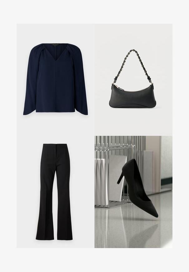 Blusa de manga larga azul marino con escote en V, que presenta sutiles pliegues en los hombros y una textura suave y lisa. Diseño simple y elegante.; Pantalones de campana negros hechos de una tela suave, con cintura alta, pliegues delanteros y un acabado limpio en los bajos.; Zapato negro de tacón alto equilibrado sobre el tacón en una encimera reflectante junto a portadocumentos metálicos con carpetas blancas.; Bolso de hombro de cuero negro con forma rectangular curvada, cadena dorada entrelazada en una correa negra trenzada y cierre superior con cremallera.