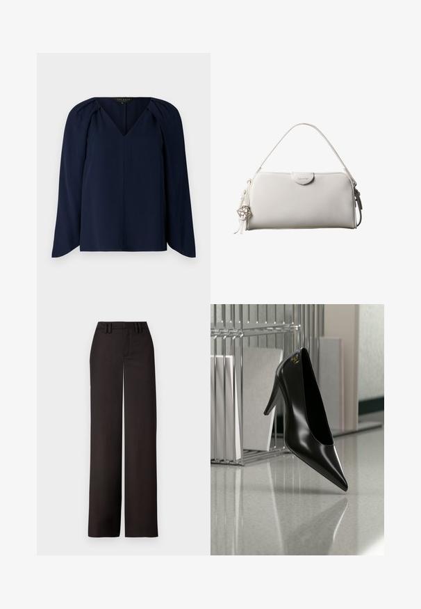 Mørkeblå bluse med lange ærmer og V-hals, der har subtile plisseringer ved skuldrene og en glat, blød tekstur. Enkel, elegant design.; Sorte vidde bukser med flad front, bæltesløjfer og en glat tekstur, designet til en skræddersyet pasform. Ingen synlig hardware eller mønstre.; Sort højhælet sko med spids tå og guldlogo, placeret på en reflekterende overflade nær en krom trådfilholder med dokumenter.; Hvid rektangulær Calvin Klein håndtaske med enkelt håndtag, minimalistisk design og dekorative kvaster med geometrisk metalvedhæng på siden.