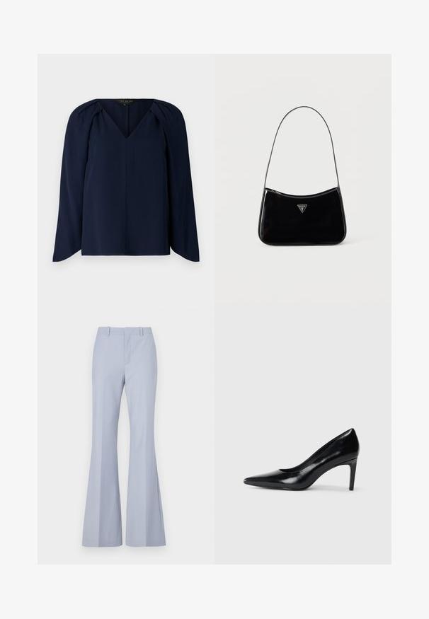 Blusa de manga larga azul marino con escote en V, que presenta sutiles pliegues en los hombros y una textura suave y lisa. Diseño simple y elegante.; Pantalones acampanados de un azul claro con una textura suave, que presentan un frente plano, dos bolsillos laterales y una cinturilla limpia.; Zapato de tacón alto de cuero negro con punta afilada, textura suave y tacón en forma de cono. Diseño minimalista, sin adornos adicionales.; Bolso de hombro de charol negro con correa delgada, logotipo triangular de Guess en el frente y cierre superior con cremallera.