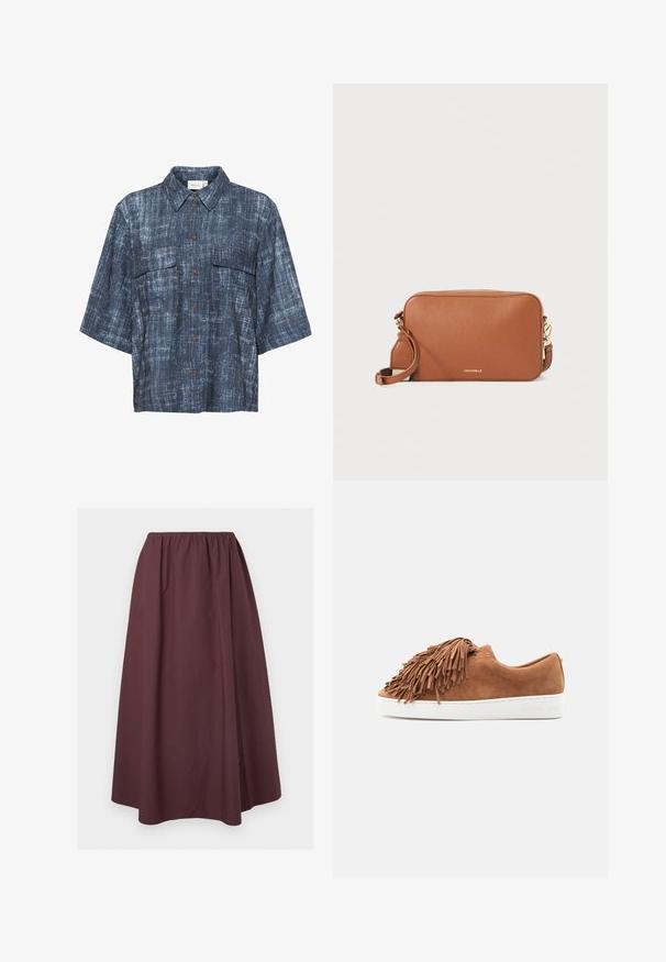 Gestuz DEMIA - Blusa - dark blue; Falda de color granate oscuro, hasta el tobillo, con cintura elástica recogida y detalle sutil de costura cerca del dobladillo, mostrada extendida sobre un fondo claro.; Zapatilla deportiva marrón de ante con detalle de flecos largos sobre la puntera y suela de goma blanca sobre un fondo claro.; Bolso cruzado de cuero marrón con un acabado texturizado, detalles en dorado y cierre de cremallera. Cuenta con una correa de hombro desmontable.