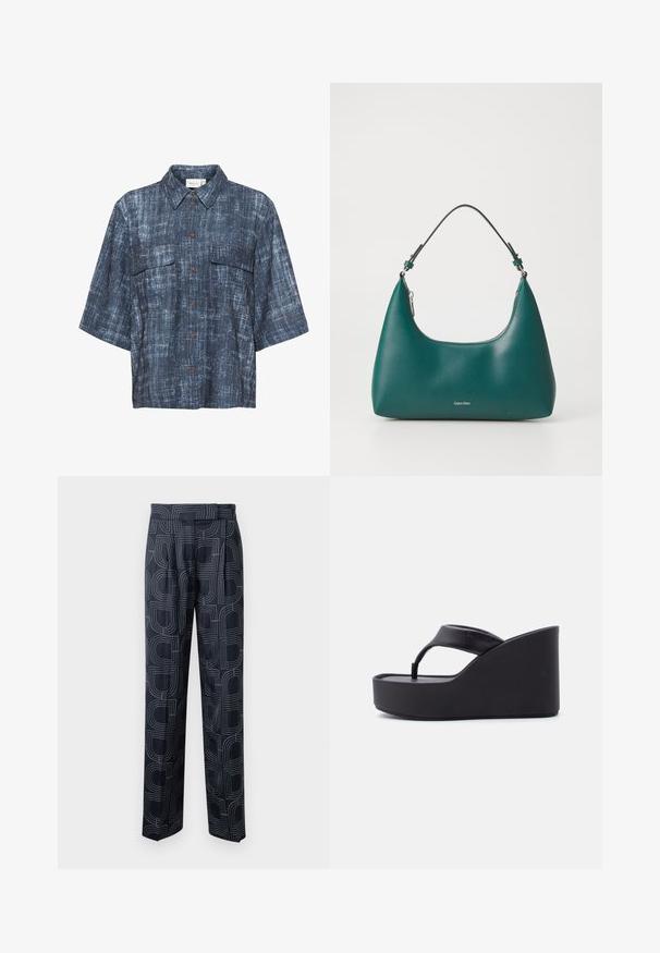 Gestuz DEMIA - Blusa - dark blue; Pantalones de color azul marino con patrón geométrico, fabricados en una tela suave, con un corte holgado y pliegues delanteros.; Sandalia negra de cuña con plataforma, con una amplia correa en forma de tira y suela elevada, diseñada para uso casual.; Bolso de mano en color teal con forma curva y una correa para el hombro, presentando un sutil logo de Calvin Klein en la parte frontal sobre un fondo blanco liso.