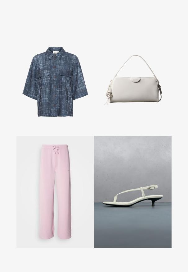 Gestuz DEMIA - Blusa - dark blue; Pantalones de chándal rosa claro con cintura ajustable, piernas anchas y dobladillo doblado. Cuenta con un pequeño logotipo bordado en el lado. Textura de tela suave.; Sandalia blanca de tacón kitten con tiras y punta afilada, flotando sobre un suelo de baldosas de madera al aire libre, con un fondo desenfocado de plantas y pared.; Bolso rectangular blanco de Calvin Klein con un solo asa, diseño minimalista y borlas decorativas con un charm metálico geométrico en el lateral.