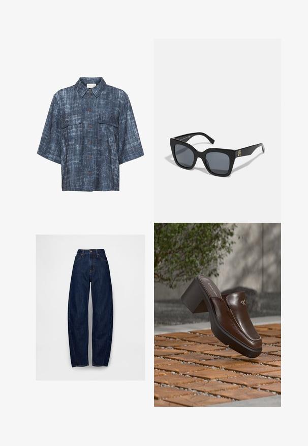 Gestuz DEMIA - Nööpidega pluus - dark blue; Tumed sinised kõrgemast taljest denim püksid, millel on mugav lõige, viis taskut, üks esine nupp ja õmbluste äärtel õmblemise detailid.; Pruun nahast Calvin Kleini kõrge kontsaga mulesuss hõljub puidust plaaditud põranda kohal, taustal hägune roheline taim ja sein.; Mustad mustad, julgete kujuga, tumedate läätsedega ja kuldse logo aktsendiga ühel käel. Valmistatud läikivast plastmaterjalist.