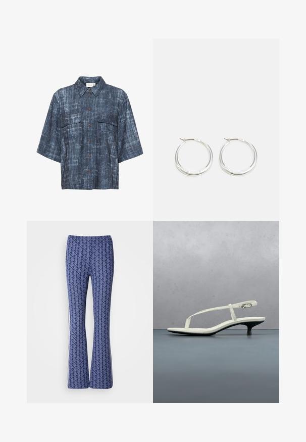 Gestuz DEMIA - Overhemdblouse - dark blue; Blauwe, gepatineerde broek met een geometrisch ontwerp, elastische tailleband en witte strepen aan de zijkanten. Glad oppervlak overal.; Witte sandaal met smalle bandjes en kitten heel, met een spitse neus, zwevend boven een houten tegelvloer buiten, met op de achtergrond een wazige plant en muur.; Zilveren hoop oorbellen hebben een glad, rond ontwerp met een dun profiel en een veilige sluiting. Minimalistische stijl met een gepolijste afwerking.