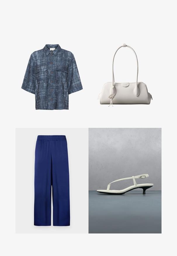 Gestuz DEMIA - Overhemdblouse - dark blue; Marineblauwe wijde broek met een elastische tailleband, gemaakt van een gladde stof, gekenmerkt door een simpel en functioneel ontwerp zonder zichtbare patronen.; Witte sandaal met smalle bandjes en kitten heel, met een spitse neus, zwevend boven een houten tegelvloer buiten, met op de achtergrond een wazige plant en muur.; Witte Calvin Klein schoudertas met lange hengsels, rechthoekige vorm, ritssluiting en decoratieve logohanger bij het hengsel.