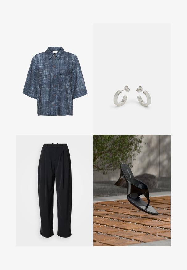 Gestuz DEMIA - Overhemdblouse - dark blue; DRYKORN INK - Broek - black; Zwarte Calvin Klein hoge hak teenslipper die zweeft boven een betegeld buitenterrein met groen en een betonnen muur op de achtergrond.; Zilveren metalen hoepel oorbellen met een gestructureerd ontwerp, voorzien van een kleine post achter en branding op een van de hoepels. Ronde vorm met een gepolijste afwerking.