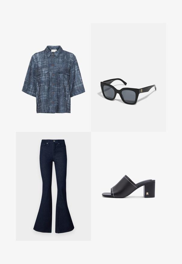 Gestuz DEMIA - Overhemdblouse - dark blue; Good American ALWAYS FIT GOOD - Bootcut jeans - indigo; Zwarte open teen mule met brede leren band, witte stiknaden, blokhak en klein gouden logo aan de hielzijde.; Zwarte zonnebril met een gedurfde vierkante vorm, voorzien van donkere lenzen en een gouden logo-accent op één arm. Gemaakt van glanzend kunststofmateriaal.