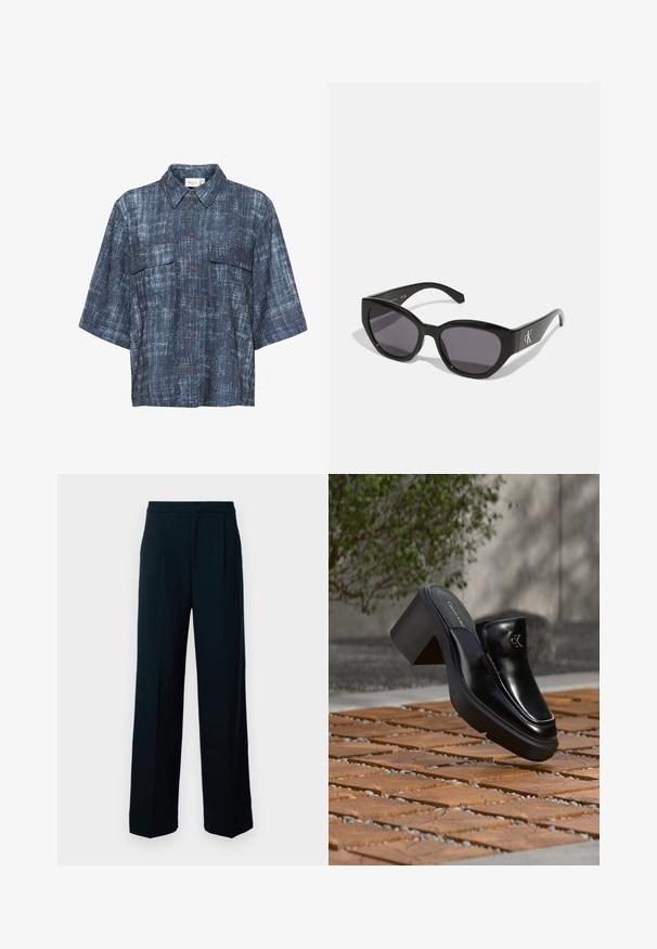 Gestuz DEMIA - Hemdbluse - dark blue; Schwarze weite Hosen aus glattem Stoff, mit hohem Bund, Bündchen vorne und einem klaren, minimalistischen Design.; Schwarze Leder-Slip-on-Mule von Calvin Klein mit Blockabsatz, die auf Holzfliesen im Freien nahe einer grünen Pflanze und einer grauen Wand ruht.; Schwarze Sonnenbrille mit einem schlanken, kantigen Design, dunklen Gläsern und einem kontrastierenden silbernen Logo an der Seite. Glatte Kunststoffoberfläche.