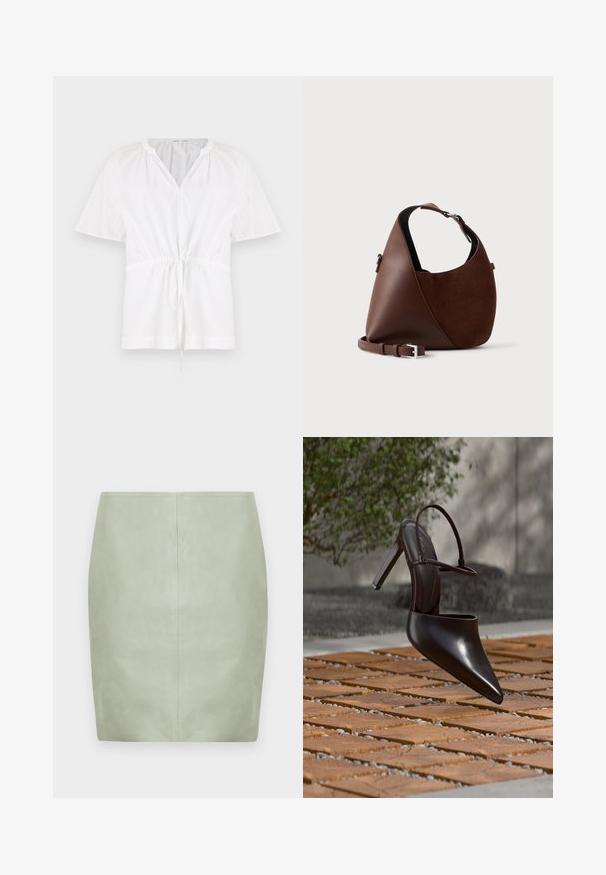 Suéter blanco con escote en V y mangas cortas. Presenta una tela de algodón ligero, cintura con cordón y detalles texturizados en los hombros.; Minifalda de cuero verde menta con ajuste entallado, que presenta un diseño limpio y una costura central en la parte trasera. Textura suave, sin herrajes visibles.; Zueco negro brillante de tacón alto con puntera puntiaguda y correa en el tobillo, suspendido sobre una superficie de baldosas de terracota con espacios de grava.; Bolso de hombro marrón en piel y ante con forma curva, correa ajustable y detalle de hebilla plateada sobre un fondo claro liso.