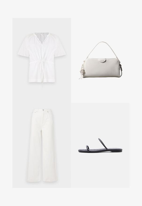 Suéter blanco con escote en V y mangas cortas. Presenta una tela de algodón ligero, cintura con cordón y detalles texturizados en los hombros.; Jeans de mezclilla de cintura alta y pierna ancha en color blanco. Cuenta con bolsillos delanteros, un cierre de botón y detalles de dobladillo deshilachado.; Sandalia plana negra con suela delgada acolchada y dos tiras estrechas sobre los dedos y la parte media del pie, mostrada de perfil sobre fondo blanco.; Bolso rectangular blanco de Calvin Klein con un solo asa, diseño minimalista y borlas decorativas con un charm metálico geométrico en el lateral.