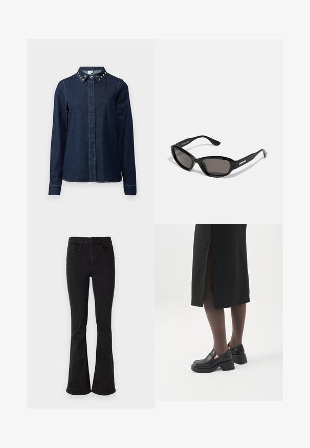Mørk denimskjorte med knaplukning foran, lange ærmer og krave med dekorative metalnitter. Glat tekstur, klassisk snit.; Sorte denim flare jeans med høj talje, der har fem lommer og en robust knaplukning. Glat tekstur med let stræk.; Kvinde iført sorte loafers med chunky hæl, sorte tynde strømpebukser og en sort nederdel med slids bagpå på hvid baggrund.; Sorte solbriller med rektangulært stel, mørke linser, glat plastmateriale og en metalaccent på templet.