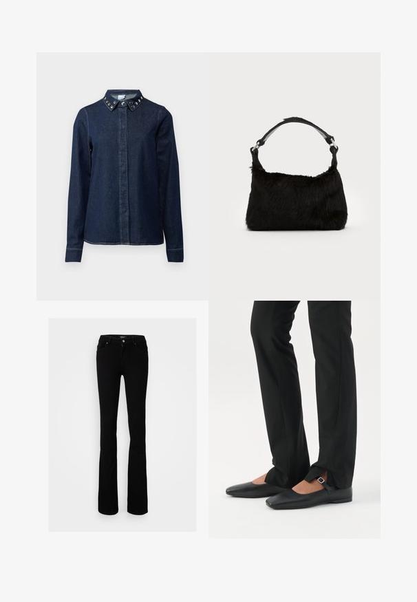 Mørk denimskjorte med knaplukning foran, lange ærmer og krave med dekorative metalnitter. Glat tekstur, klassisk snit.; Sorte stræk denim flared jeans med knaplukning, fire lommer og en glat overflade, designet til en tætsiddende silhuet.; Ben iført sorte smalle bukser med forreste slidser ved kanten, parret med sorte flade Mary Jane-sko med lille spænde.; Sort faux fur håndtaske med en blød tekstur, rund form og en robust skulderrem i sort læder. Synlige sølvhardware-detaljer.