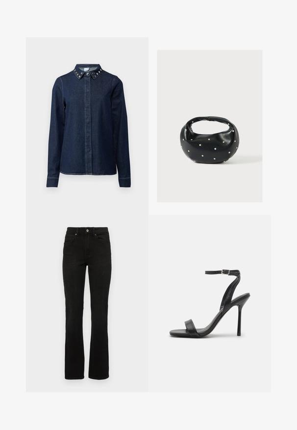 Mørk denimskjorte med knaplukning foran, lange ærmer og krave med dekorative metalnitter. Glat tekstur, klassisk snit.; Sorte denimjeans med en flagrende benedesign, mellemhøj talje, fem lommer og knaplukning. Materialet har en glat, robust tekstur.; Sort højhælet sandal med en slank ankelrem og to forreste bånd. Lavet af glat læder med en slank spids tå og stilettohæl.; Sort læderhåndtaske med en rundet form, dekoreret med sølvnitter, og et kort håndtag. Glat tekstur og lynlåslukning.