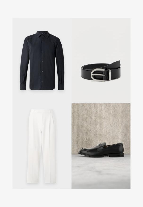 Zwarte longsleeve shirt met een standaard kraag, sluiting met knopen aan de voorkant, gemaakt van gladde stof, met een rechte snit en knoopmanchetten.; Witte op maat gemaakte broeken met een recht model, voorzien van plooien, een platte voorkant en een gladde stofstructuur. Geen zichtbare zakken of accenten.; Zwarte leren loafer met een metalen merktekenplaatje, rustend bij een bruine ronde tafel op een beige tapijtvloer.; Zwarte leren riem met een gladde textuur, voorzien van een zilveren metalen gesp en een klassieke rechthoekige vorm.