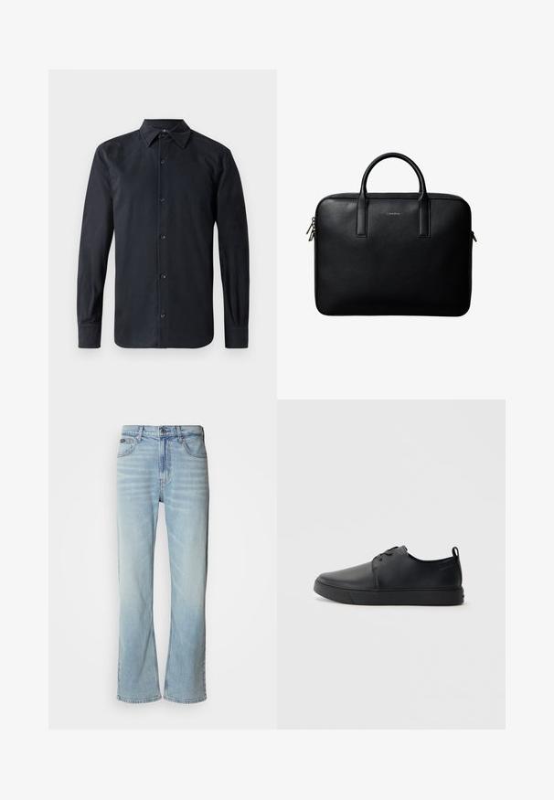 Schwarzes Langarmhemd mit klassischem Kragen, vorderer Knopfleiste, aus glattem Stoff, mit geradem Schnitt und geknöpften Manschetten.; Hellblaue Jeans aus Denim mit geradem Bein, ausgestattet mit fünf Taschen, einem Knopfverschluss und subtilen Verwaschungen im Stoff.; Schwarze Leder-Sneaker mit glatter Oberfläche, abgerundeter Zehenpartie, gleichfarbiger Nähte, schnürbarem Vorderteil und flacher Gummisohle. Schlaufe an der Ferse.; Schwarze strukturierte Lederaktentasche mit zwei Griffen und silbernen Reißverschlussanhängern, zentriert auf weißem Hintergrund.