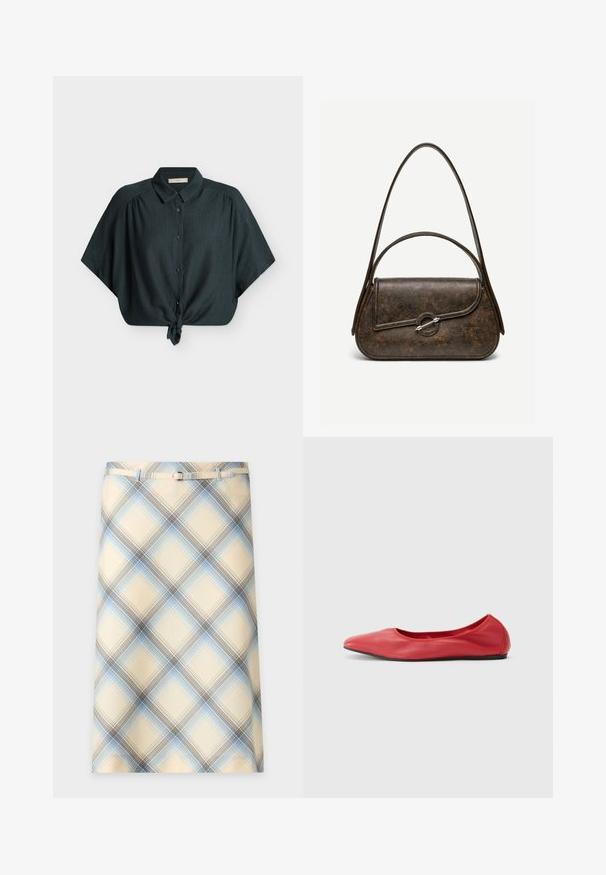 Blouse vert foncé à manches courtes avec boutons, col et nœud noué devant, en tissu texturé, présentée à plat sur fond blanc.; Jupe beige avec un motif à carreaux bleu et gris, avec une fine ceinture assortie munie d'une petite boucle à la taille.; Filippa K REY FLATS - Ballerines - bright red; Sac à main en cuir brun foncé texturé avec deux anses, forme rectangulaire arrondie, et fermeture à bouton circulaire argenté sur le rabat avant.